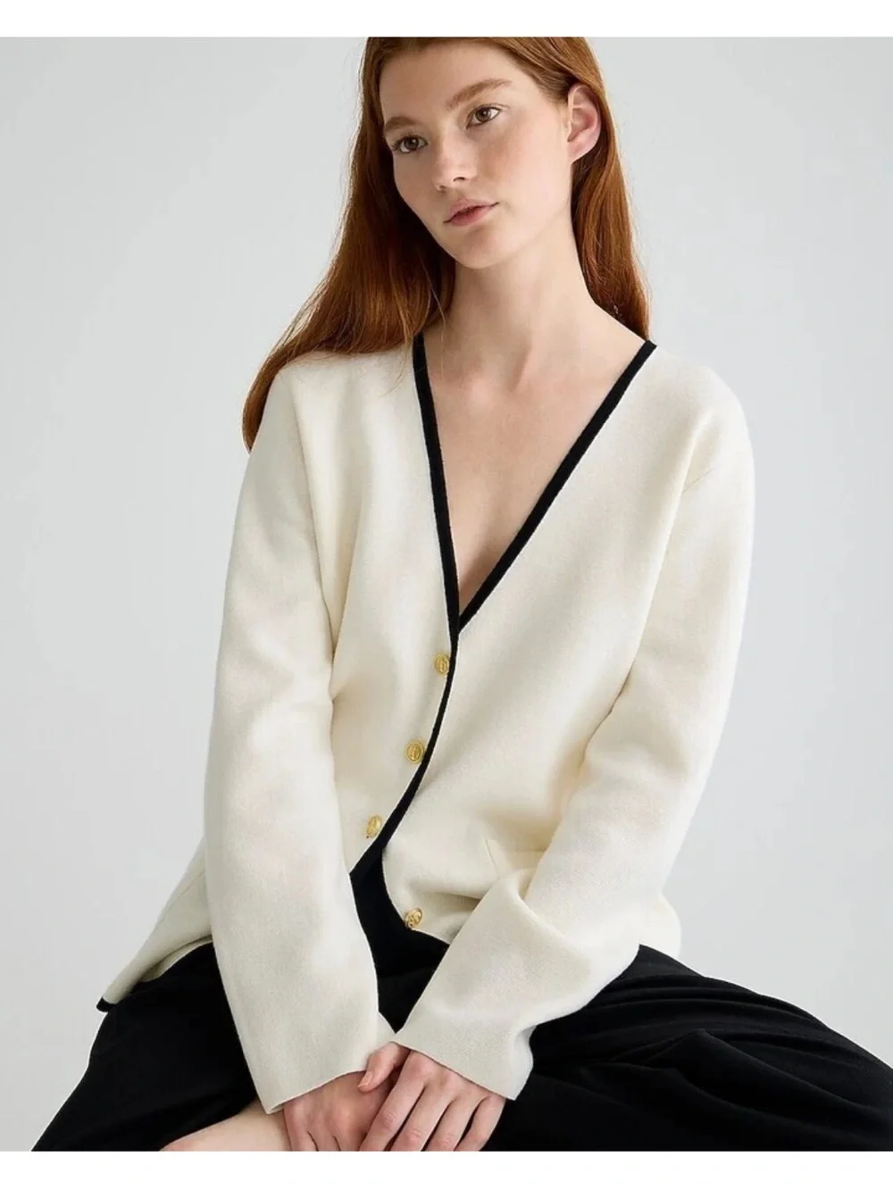 J.Crew Giselle V-neck Sweater-Blazer Ivory Black Contrast Trim Cardigan M